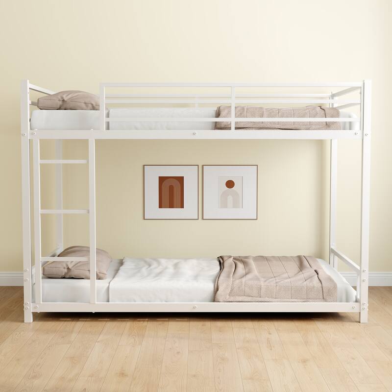 Sturdy Metal Twin over Twin Bunk Bed with Safety Guardrail, Noise Reduced, No Box Spring Needed, White