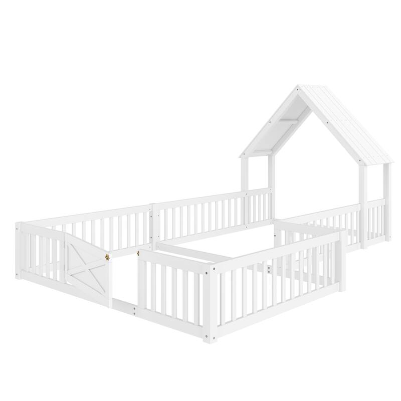 Full Size House Floor Bed, Double Full Floor Bed with Door and Full-length Guardrails, Multi-function Design