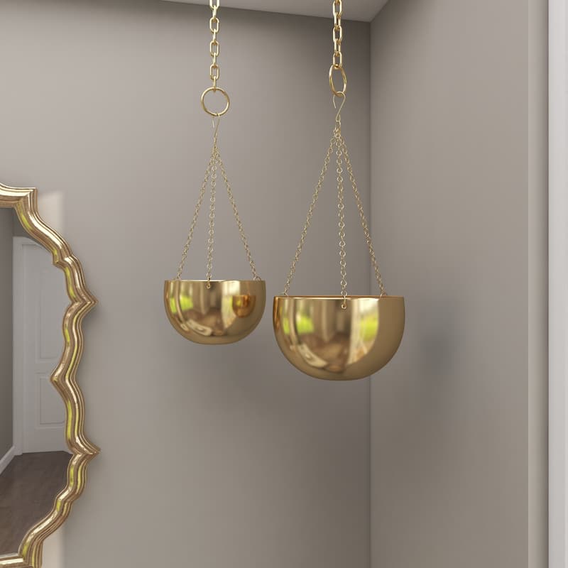 Black, Gold or Silver Metal Indoor Outdoor Hanging Dome Wall Planter with Chain (Set of 2)