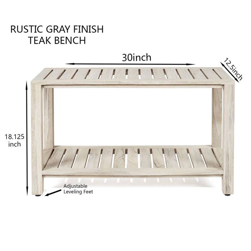 TeakCraft Gray Teak Shower Bench with Shelf 24 Inch - Fully Assembled, Rustic Gray Finish, The RICINA