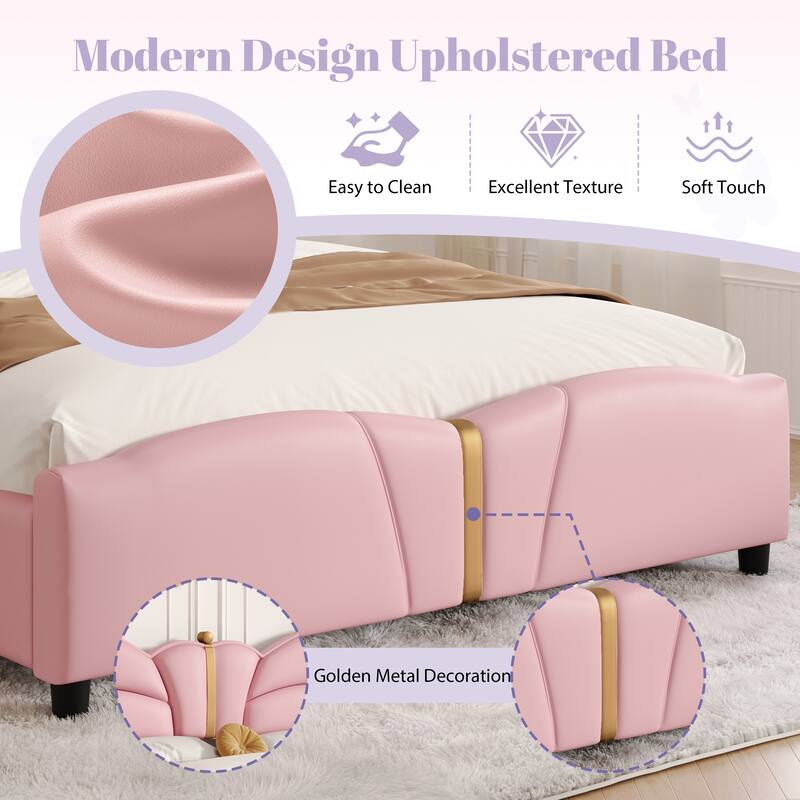 Full Size Upholstered PU Leather Bed Frame with Butterfly Headboard, Gold Metal Decorations, No Box Spring Needed, Light Pink
