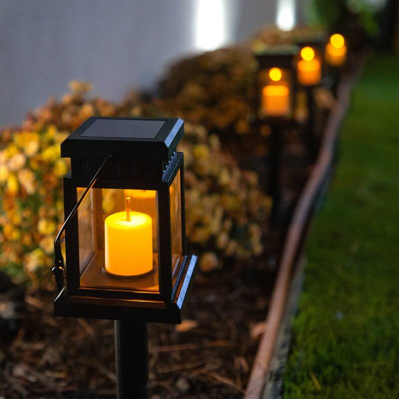 Alpine Corporation 19" Tall Outdoor Solar Powered Hanging or Stake Lanterns, Black (Set of 6)