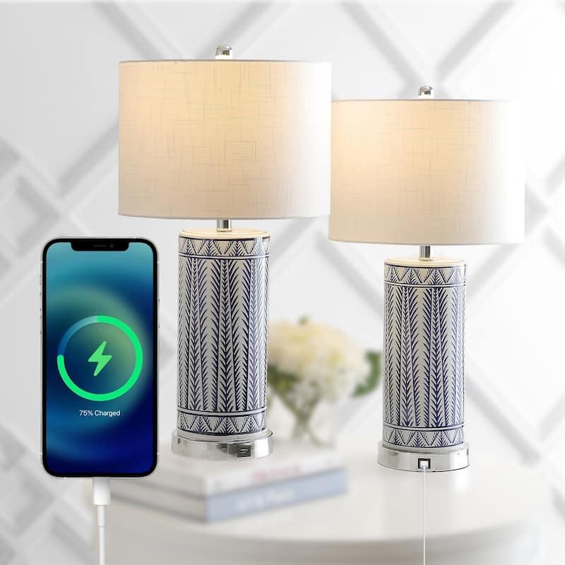 Serge 27" Ceramic/Iron Contemporary USB Charging LED Table Lamp, Navy/Chrome by JONATHAN Y