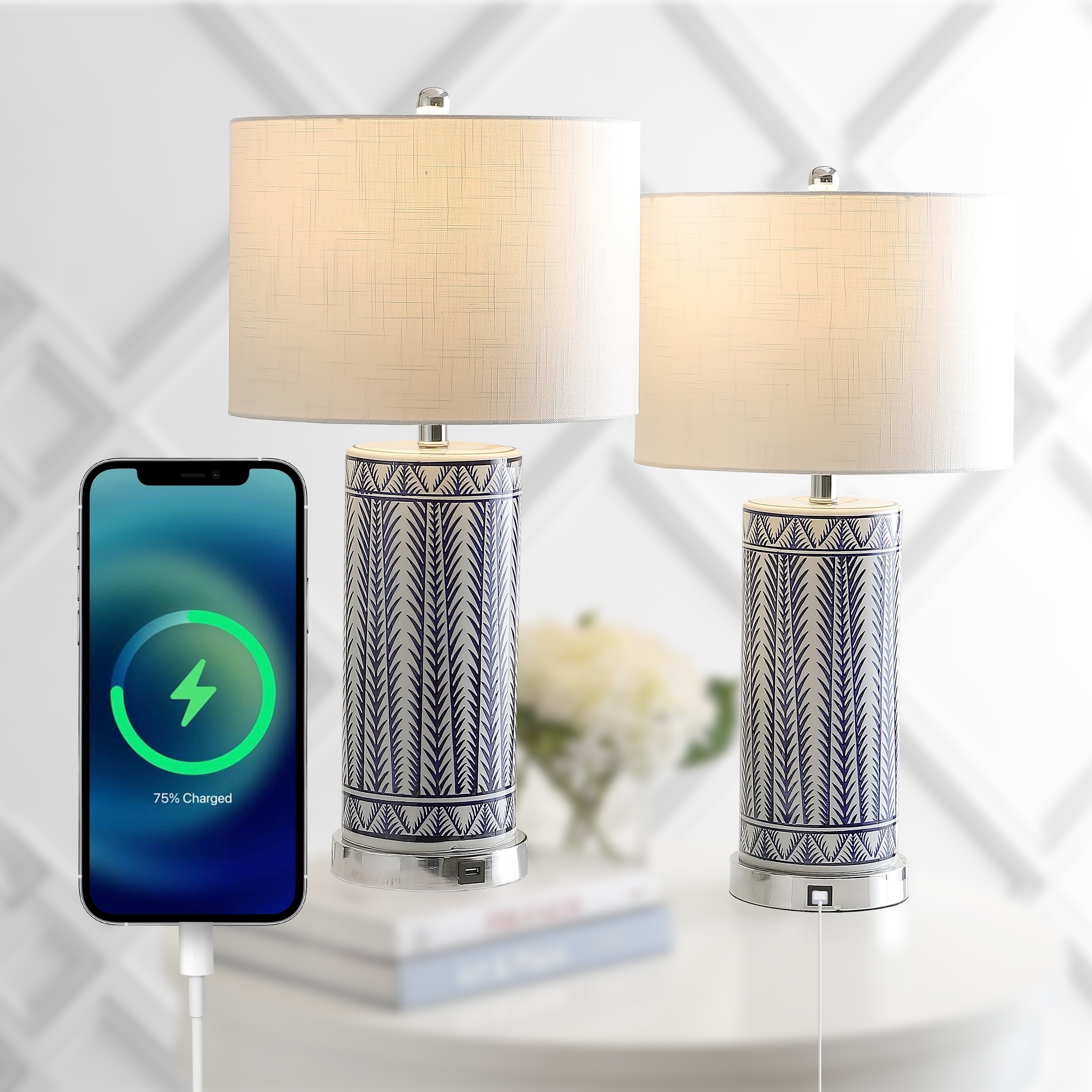 JONATHAN Y Serge 27" Ceramic/Iron Contemporary USB Charging LED Table Lamp, Navy/Chrome