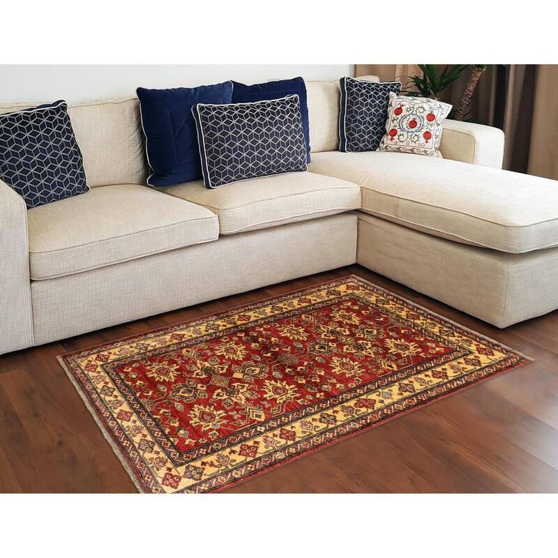 Tribal Super Kazak Bodhi Red/Gold Hand Knotted Wool Rug - 4'1'' x 5'5''