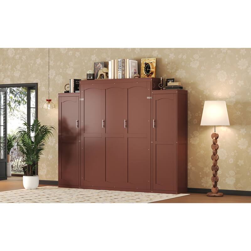 Queen Size Foldable Wall Bed with Wardrobes and Storage Shelf, Multifunctional Space-Saving Platform Bedframe in Walnut Finish