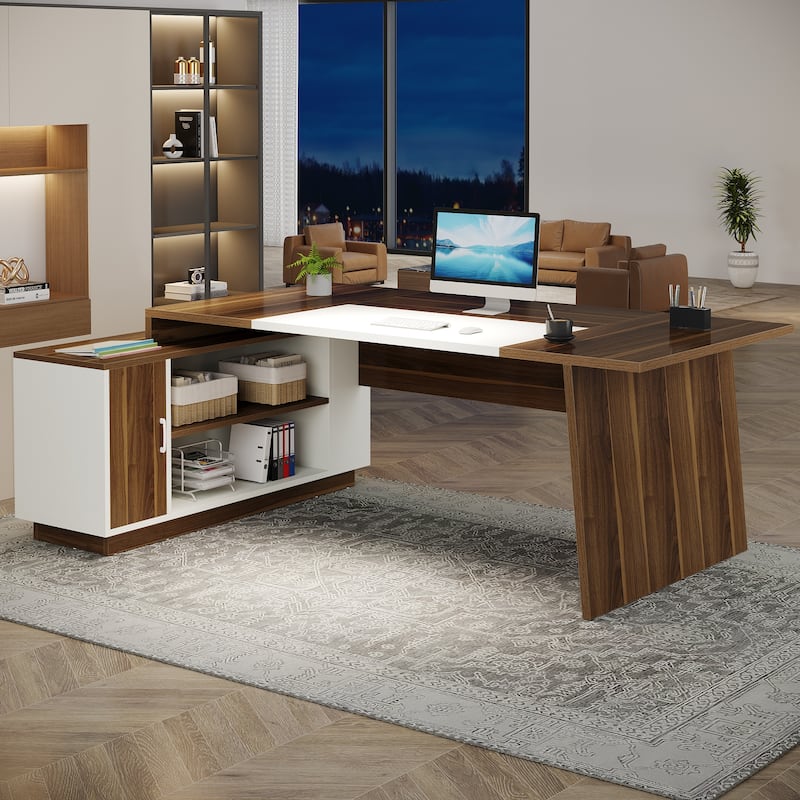 70.5'' Large Executive Desk with File Cabinet, Modern L -Shaped Desk - Walnut / White