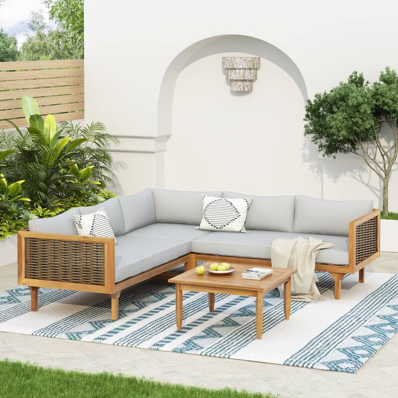 Roomfitters 4 Pcs Outdoor Sectional Sofa Set with Acacia Frame and Cushions, Patio Lounge Set with Table - Grey
