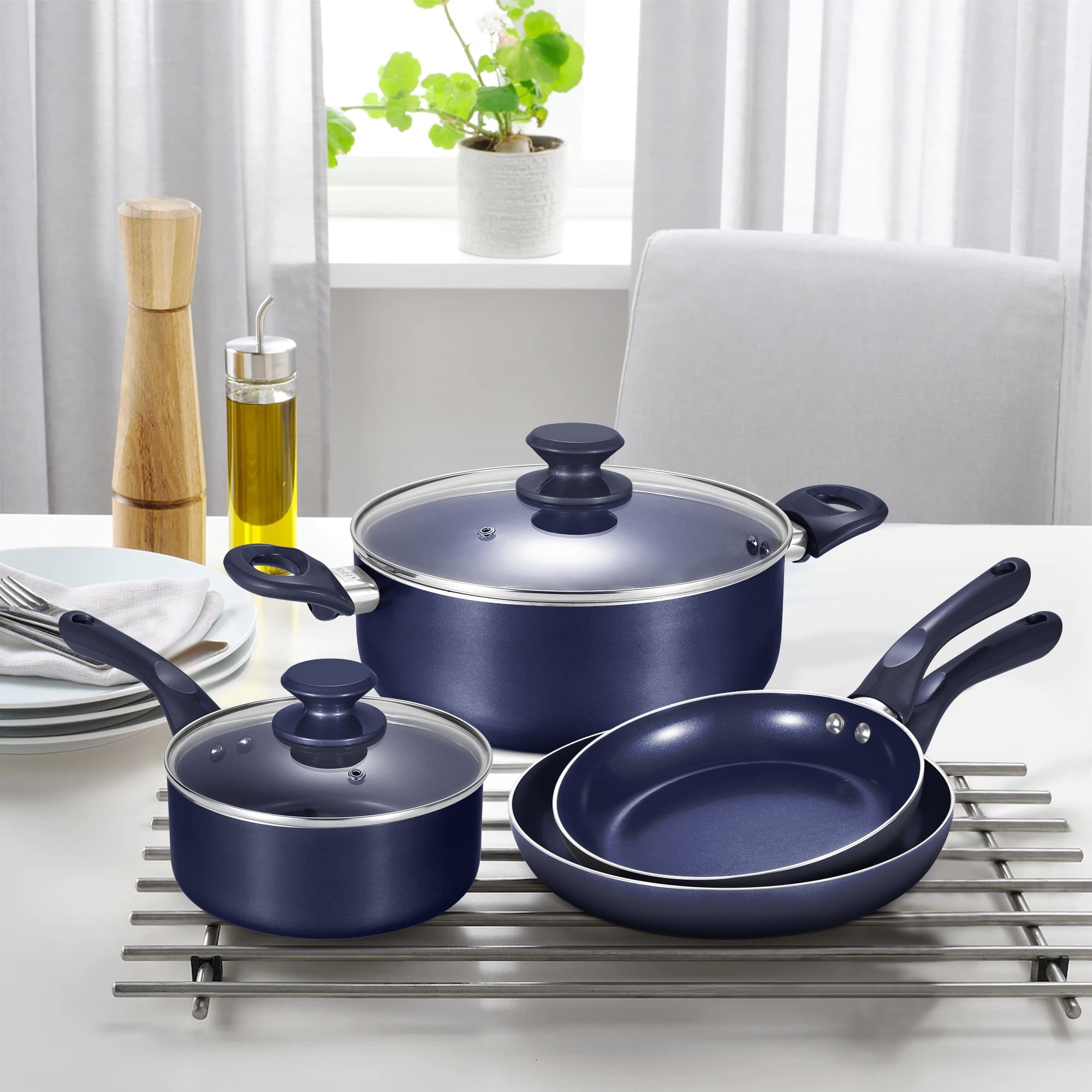 6 Pieces Pots and Pans Set,Aluminum Cookware Set, Nonstick Ceramic Coating,  Fry Pan, Stockpot with Lid, Blue