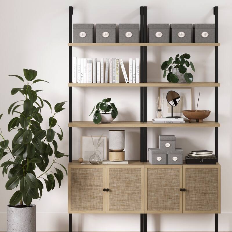 Nathan James Theo Open Shelf Industrial Bookcase with Drawers or Cabinets - Set of 2 - Oak/Black