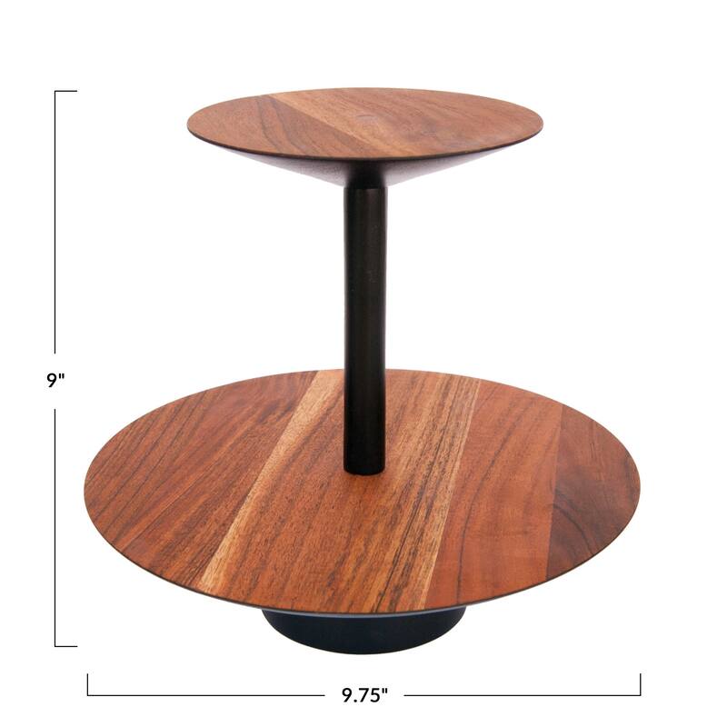 Acacia Wood 2-Tier Tray with Metal Stand - 9.8"L x 9.8"W x 9.0"H