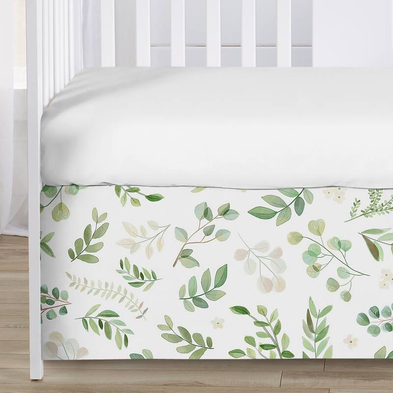 Floral Leaf Collection Girl 4pc Nursery Crib Bedding Set - Green White Boho Watercolor Botanical Woodland Tropical Garden