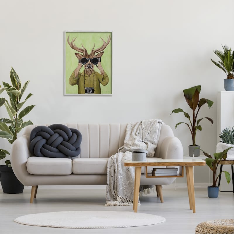 Stupell Funny Cute Deer Binoculars Camera Painting Green Background Framed Wall Art - Brown