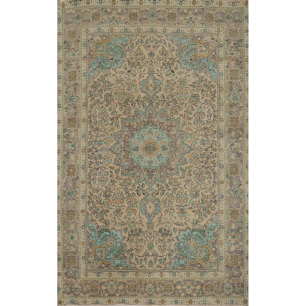 Hand Knotted Oriental 100% Wool Carpet Traditional Floral Beige & Ivories Tabriz Area Rug - 9' 7'' X 6' 8''