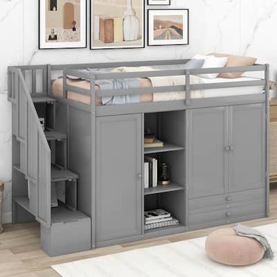 Functional Twin Loft Bed with Cabinets, Shelves, Drawers, and Storage Ladder - Perfect for Small Spaces, No Box Spring Needed