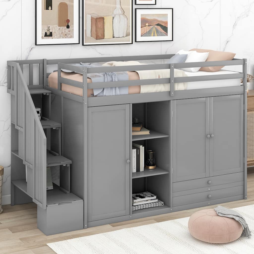 Space-Saving Loft Bed with Shelves, Wardrobes, Drawers, and Storage Ladder, Gray