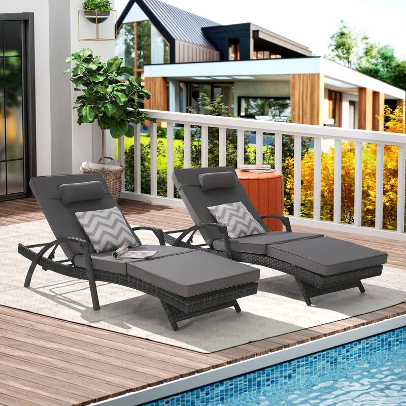 Wicker Curved Lounge Chair Set of 2, Outdoor Reclining Chairs with Cushions & 5 Adjustable Reclining Angles - Dark Gray