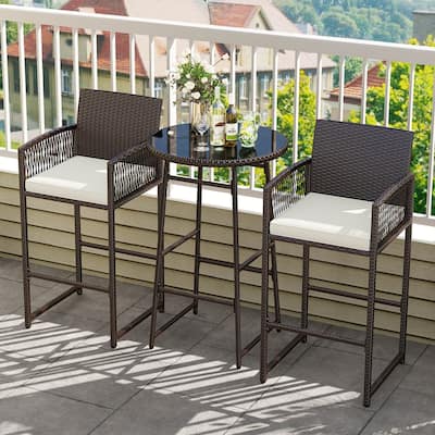 Costway 3 Piece Wicker Patio Bar Set with 2 Seat Cushions Glass - See Details