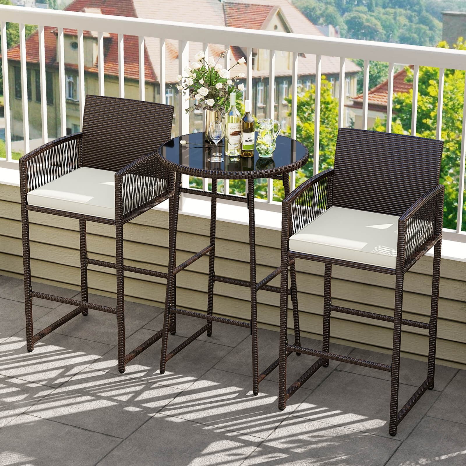 Costway 3 Piece Wicker Patio Bar Set with 2 Seat Cushions Glass - See Details
