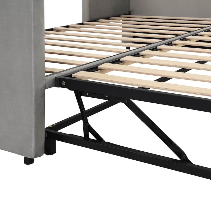 Grey Upholstered Twin Size Daybed with Pop Up Trundle, Multi-Functional Design