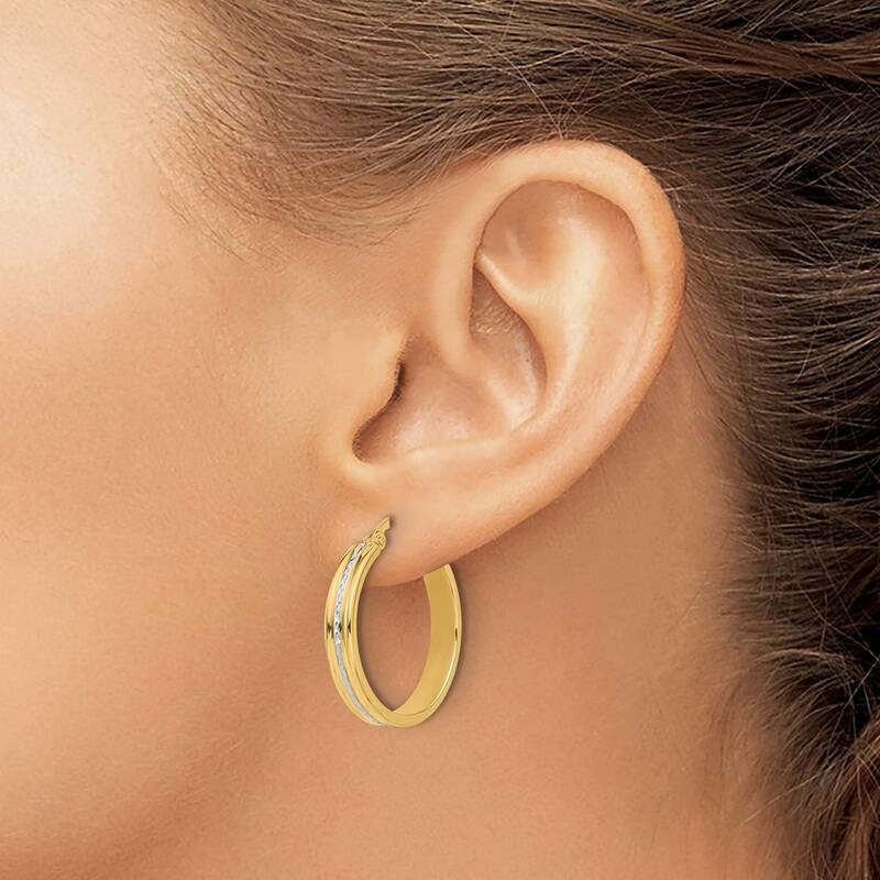 Curata 14k Yellow Gold White Rhodium Polished and Diamond cut Hoop Earrings - 24.75x24mm