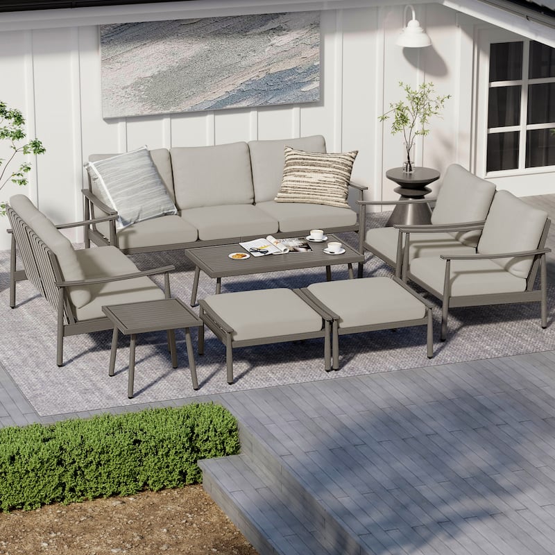7-Piece Aluminum Patio Conversation Set, 3-Seat Outdoor Couch and Loveseat with Ottomans and Coffee Table