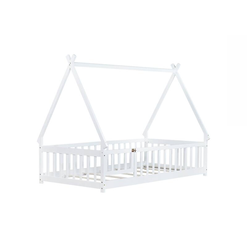 Twin Tent-shaped Floor Bed,Teepee Bed with Guardrails,Slats and Door
