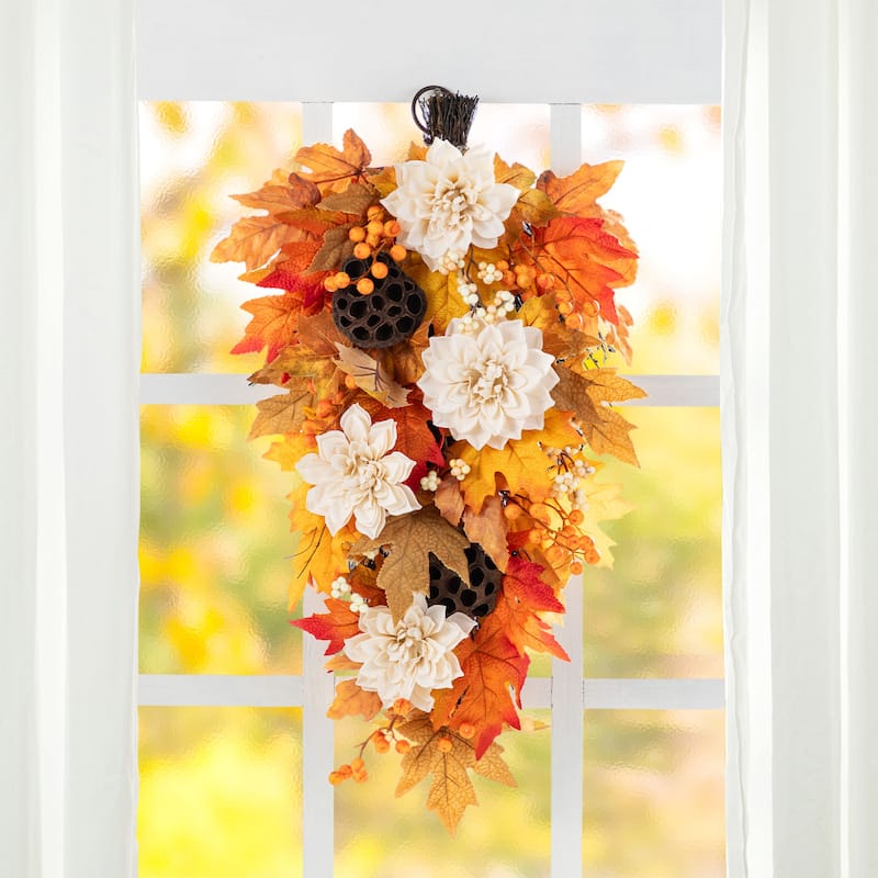 Glitzhome 26"H Fall Sunflower Pumpkin Lotus Leaf Teardrop Swag Wreath Thanksgiving
