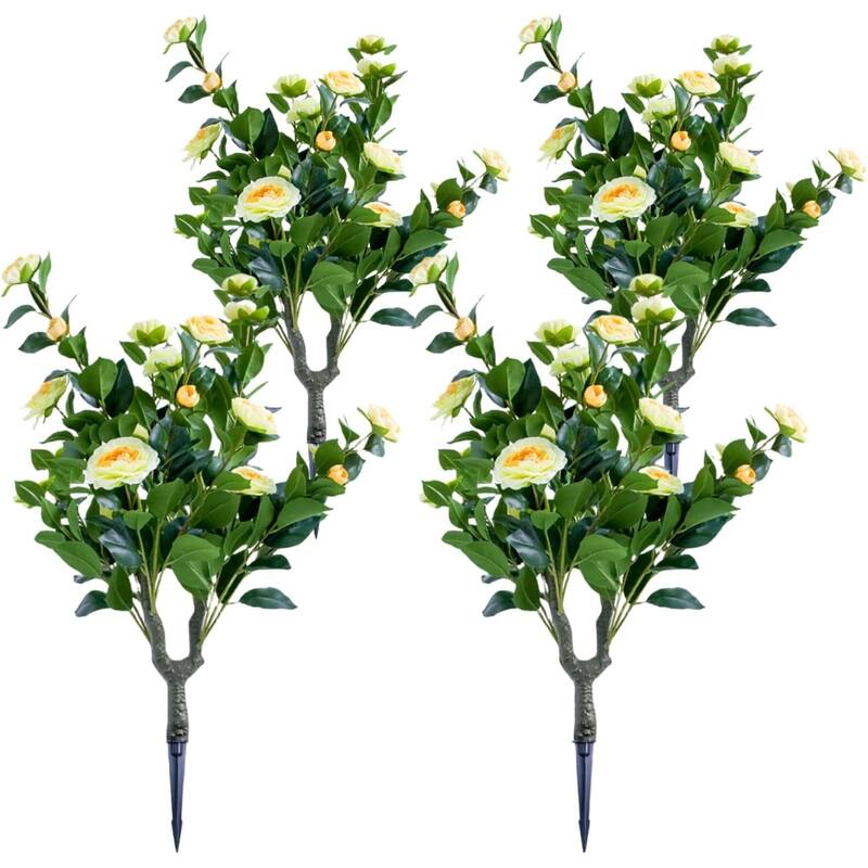 35.4" Artificial Topiary Flower with Ground Spike Set of 4,PE Fake Plants with Metal Stakes - Yellow
