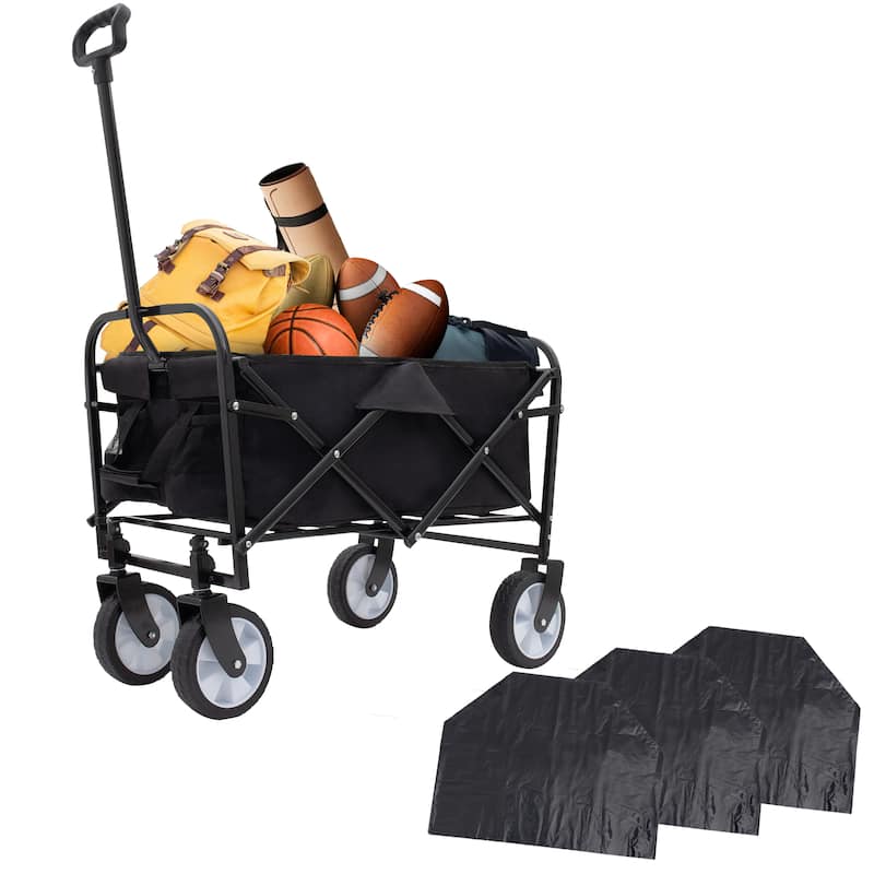 Heavy-Duty Collapsible Wagon with 3-Piece Multi-Use Bag Set - Utility Cart with Liner Covers, Black