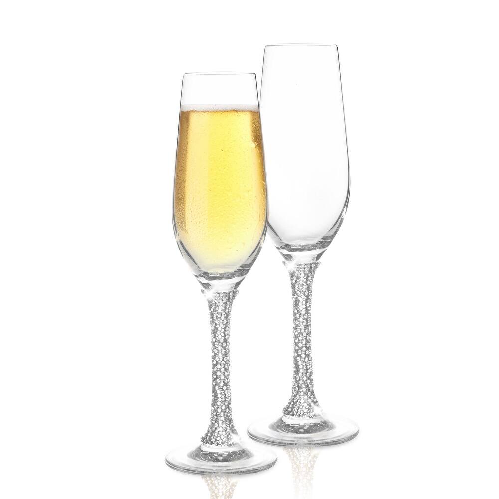 Berkware Crystal Champagne Glasses with Gold or Silver Stem - 9.5" x 2.75"