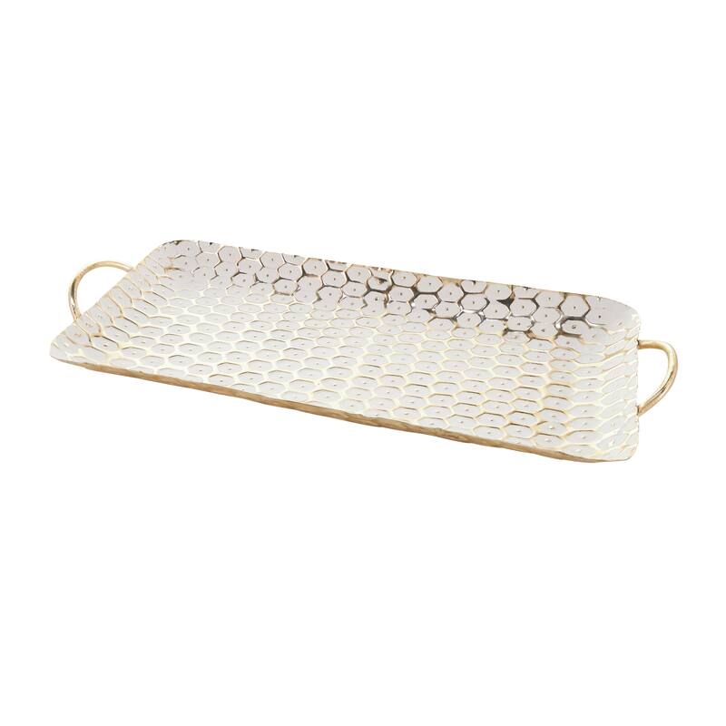 Gold Metal Geometric Dot Geometric Living Room Decor Tray with White Accents (Set of 2)