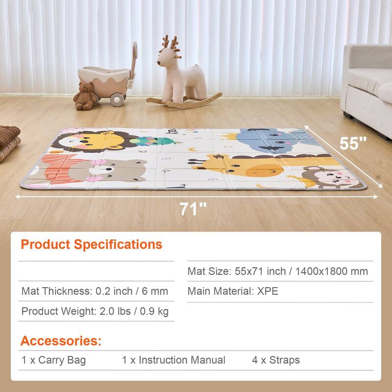 Multi Color Foam Foldable Baby Play Crawling Mat with Raised Letters and Anti-Slip Texture - 71” L x 55” W