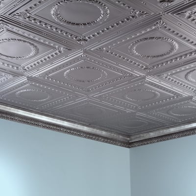 FASÄDE Rosette Decorative Vinyl 2ft x 4ft Glue Up Ceiling Panel in Argent Silver (5 Pack)
