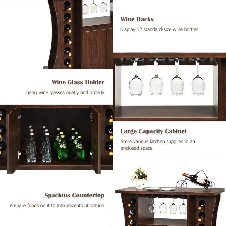 Rolling Buffet Sideboard Wooden Bar Storage Cabinet - Walnut - 43.5" x 15.5" x 36"(L x W x H)