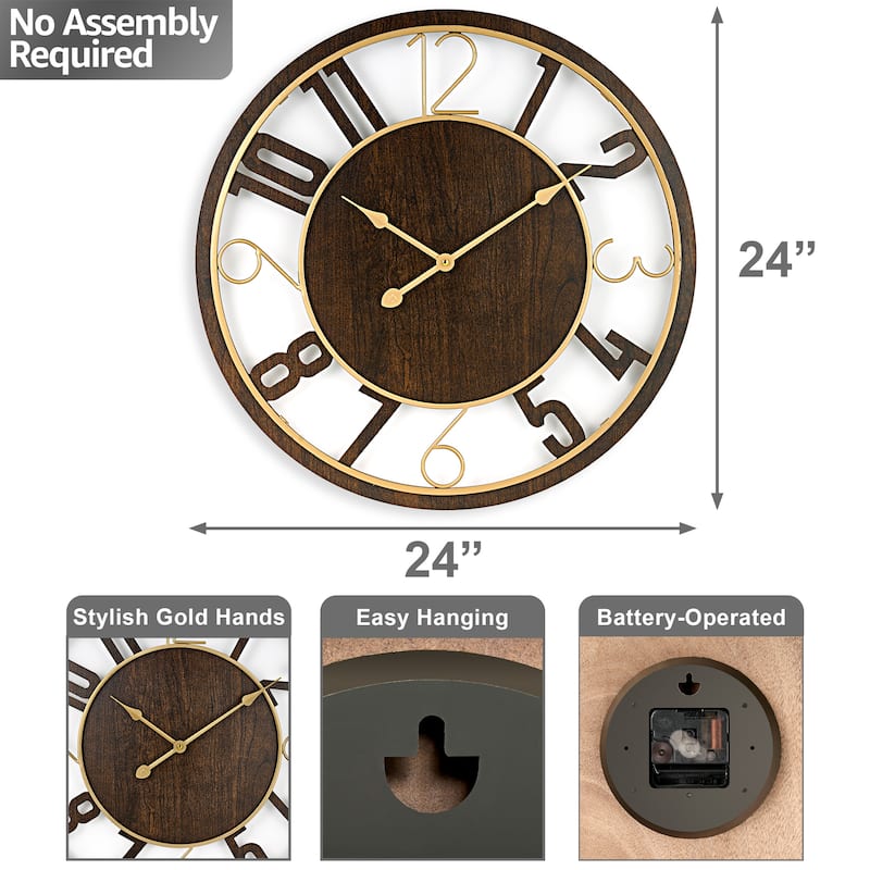 Sorbus Large 24" Decorative Round Wooden Analog Modern Wall Clock Battery Operated With Numeral Style Design
