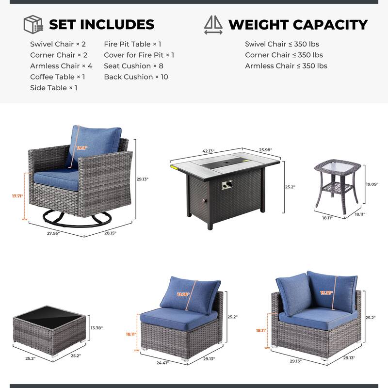 XIZZI 11-piece Patio Furniture Sofa Seating Set with Fire Pit