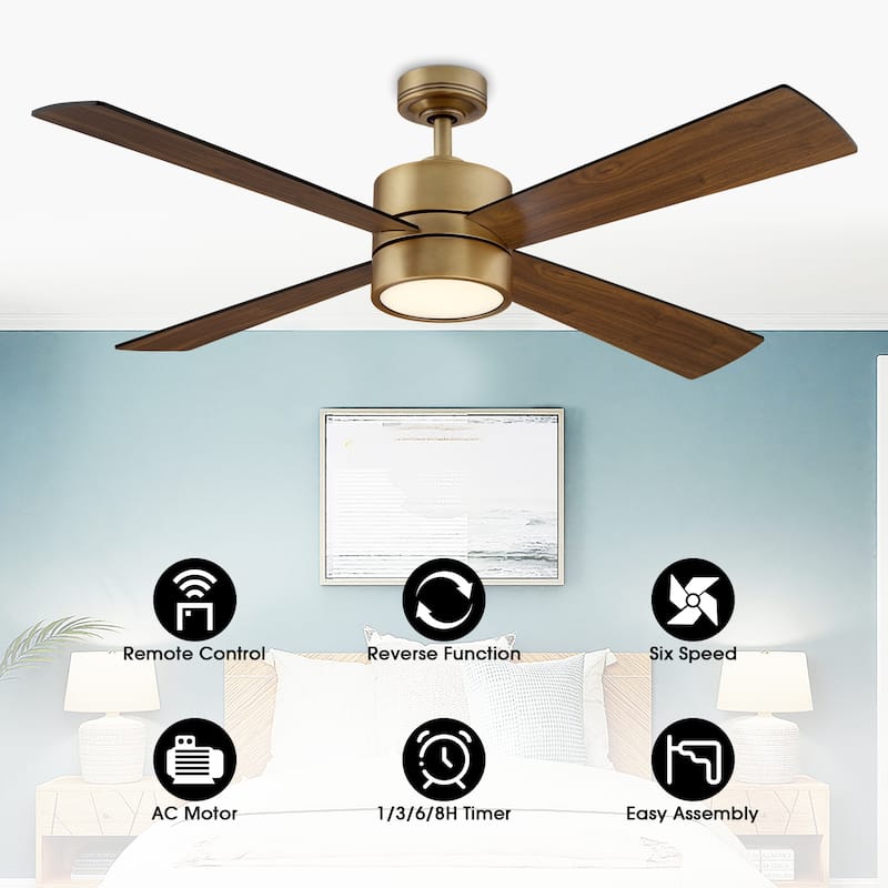 52" Natural Brass Modern Reversible Downrod Mount LED Ceiling Fan with Light and Remote - 52 in. D x 52 in. W x 12.9 in. H