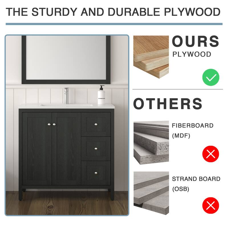 GDF Studio - Munich Modern 35.5" Plywood Bathroom Vanity with 3 Soft-Close Storage Drawers and Basin