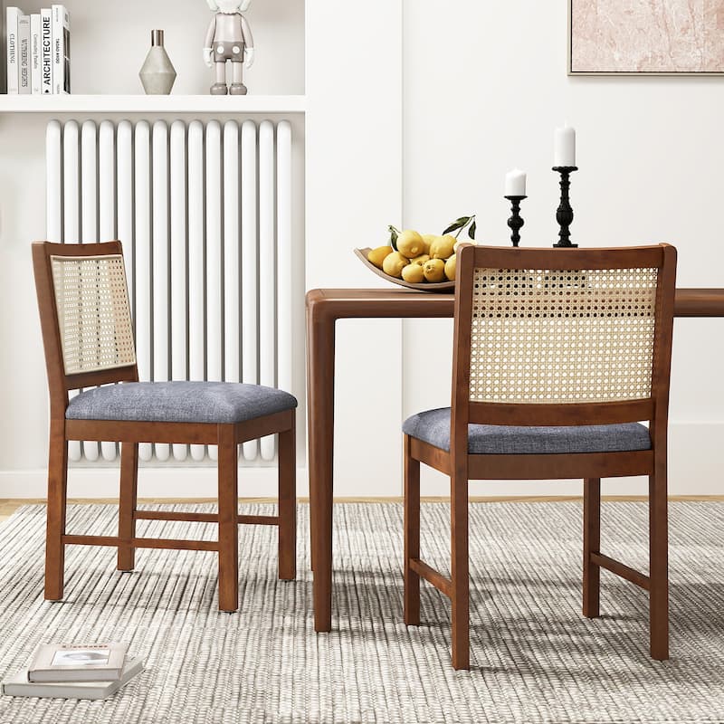 Gymax Rattan Dining Chair Set of 2 w/ Rubber Wood Frame Linen Fabric