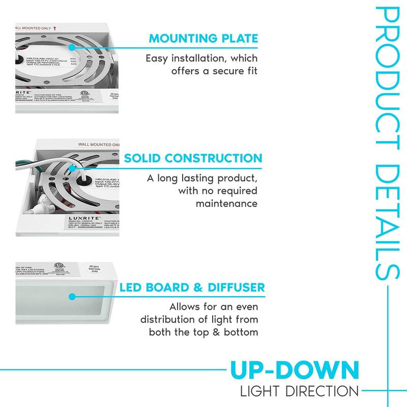 Luxrite Square LED Up and Down Wall Sconces Set of 2, Metal, 5CCT 2700K-5000K, 15W, 1000LM, IP65 Waterproof, ETL - White