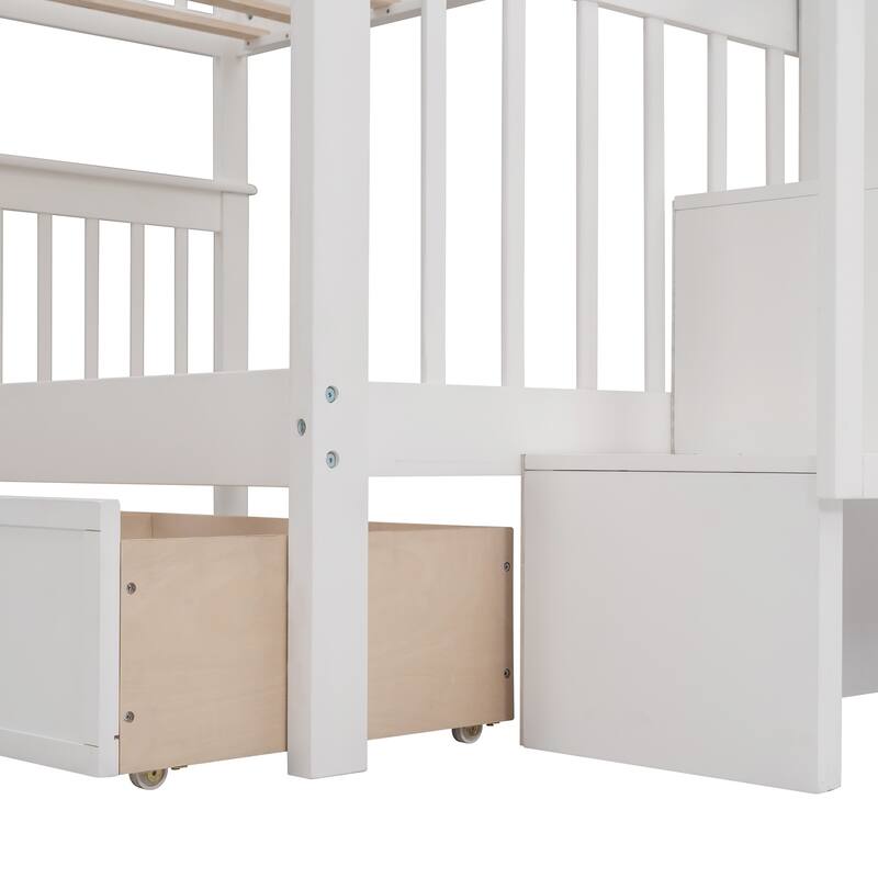 Full-Over-Full Bunk Bed with Drawer, Storage, and Guard Rail, White