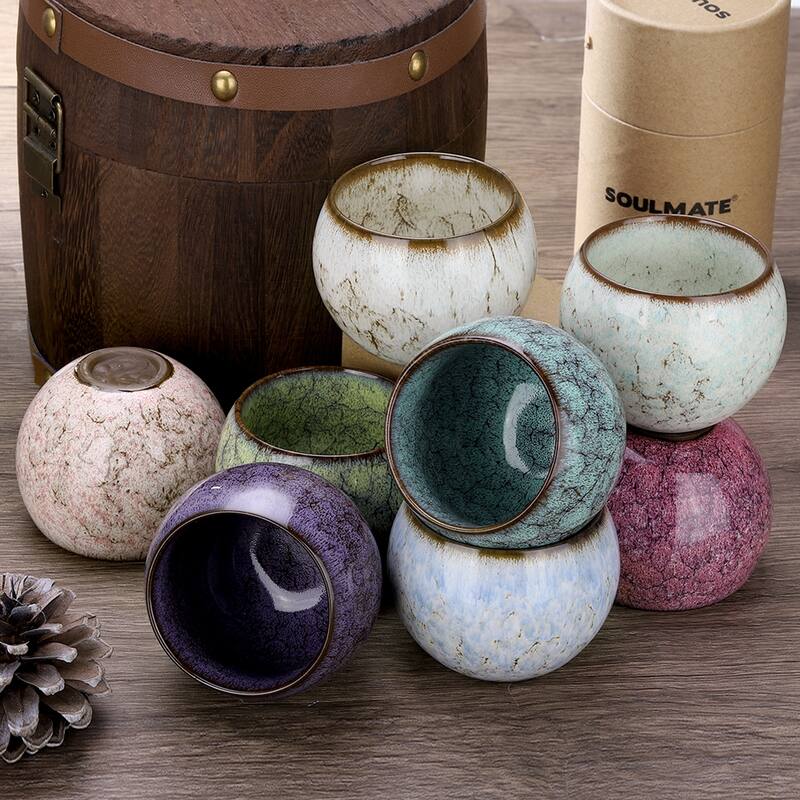 4pcs Handmade Tea Bowls 150ml / 5oz Kiln Change Gong Fu Tea Cups - Green/White/Pink/Yellow