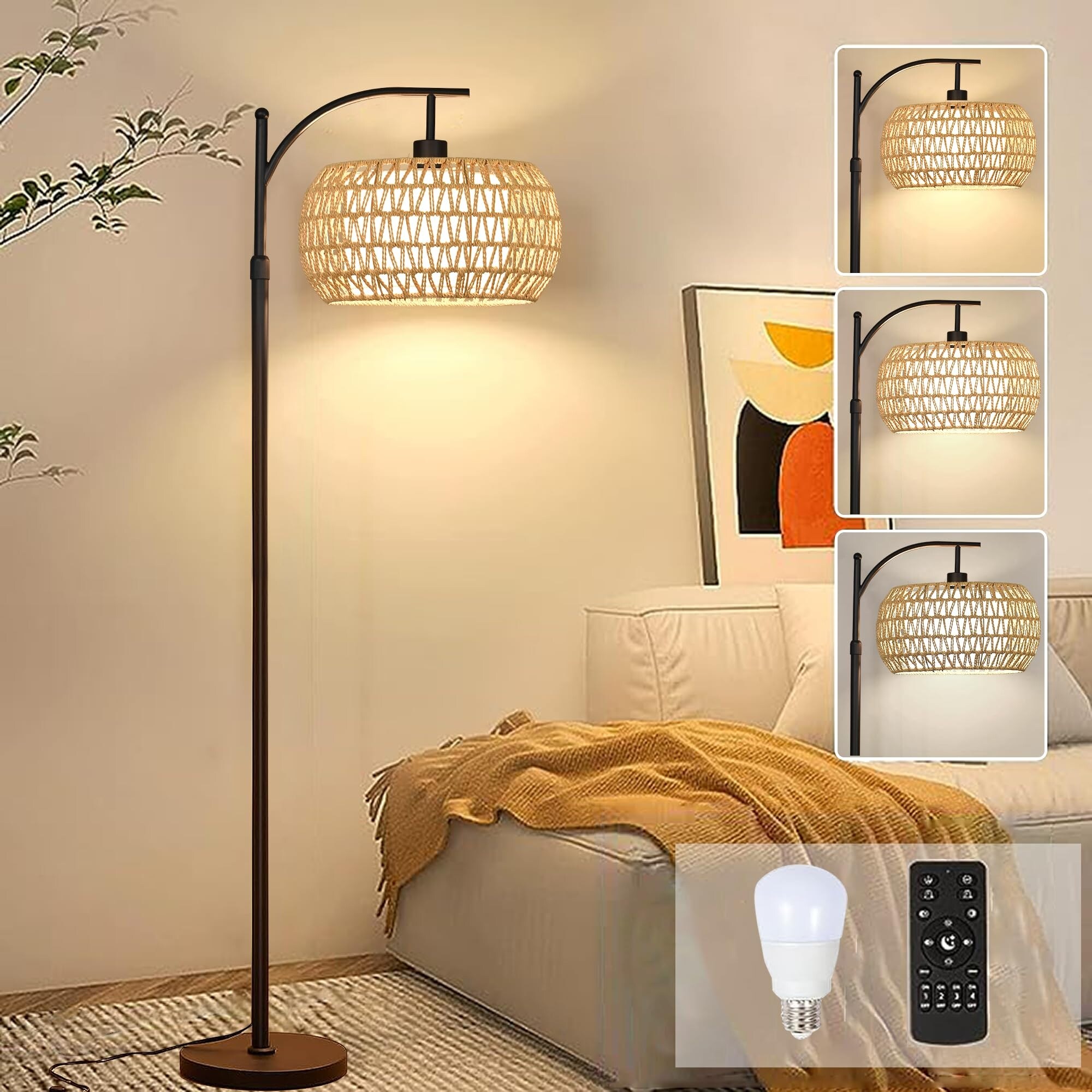 Arc Floor Lamp for Living Room Rattan Boho Floor Lamp with Remote Control Dimmable LED Floor Lamp Standing Tall Floor Lamp Bed Bath Beyond 41494240
