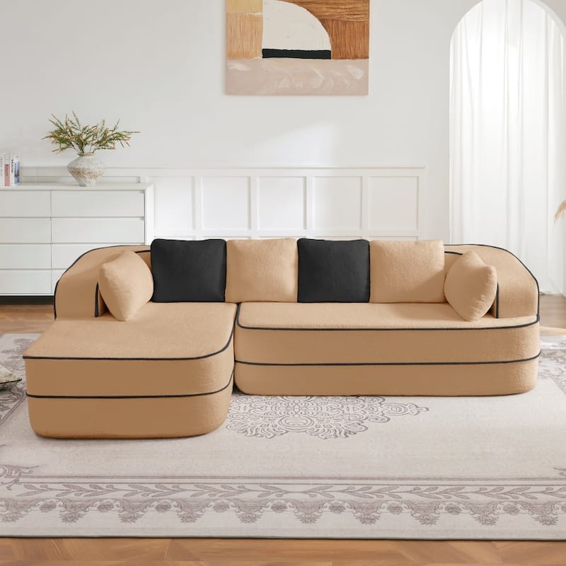 105.9" Modular L-shaped Teddy Velvet Sectional Sofa with Chaise and Curved Armrest - Camel - Right Facing
