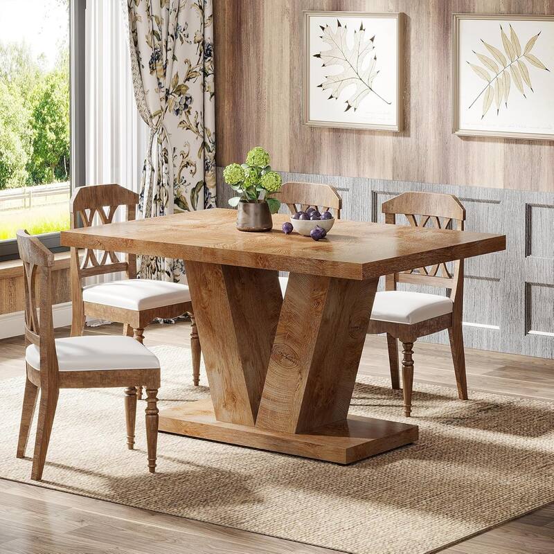 47-Inch Wooden Dining Table with Heavy Duty Pedestal, Farmhouse Kitchen Dinner Table for Home - Light Oak Brown