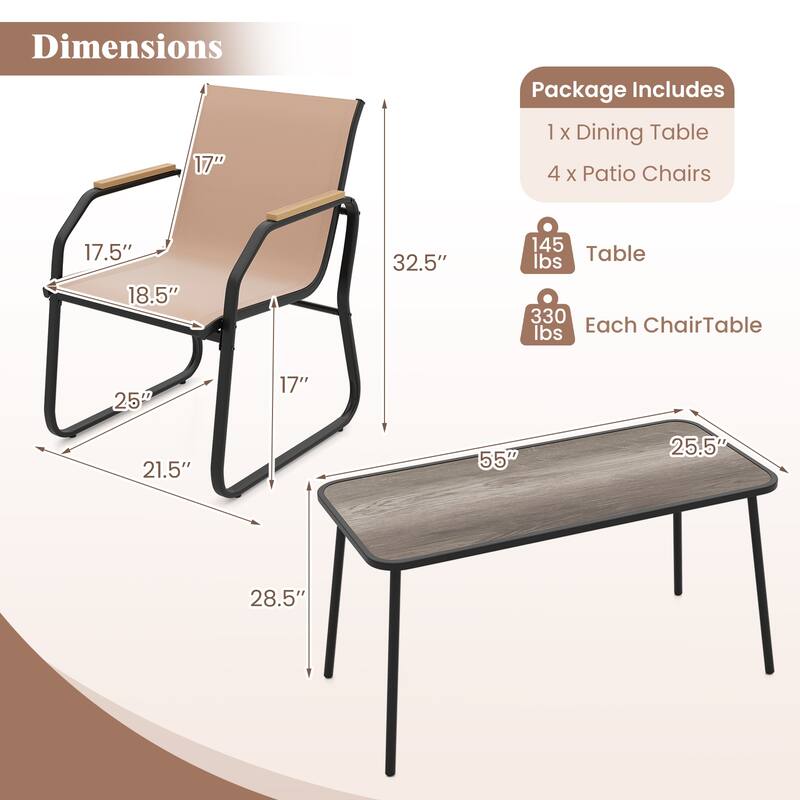 Gymax 5 PCS Patio Dining Set w/ Wood-like Armrests & Metal Frame for
