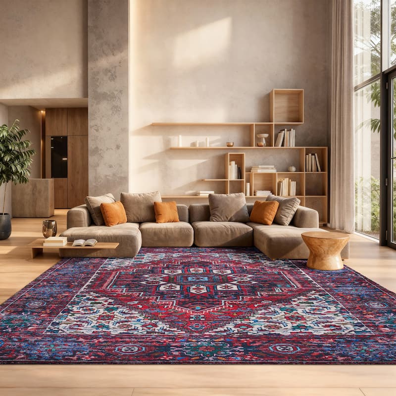 SAFAVIEH Tucson Machine Washable Slip Resistant Heide Oriental Rug - 8' x 10' - Red/Blue