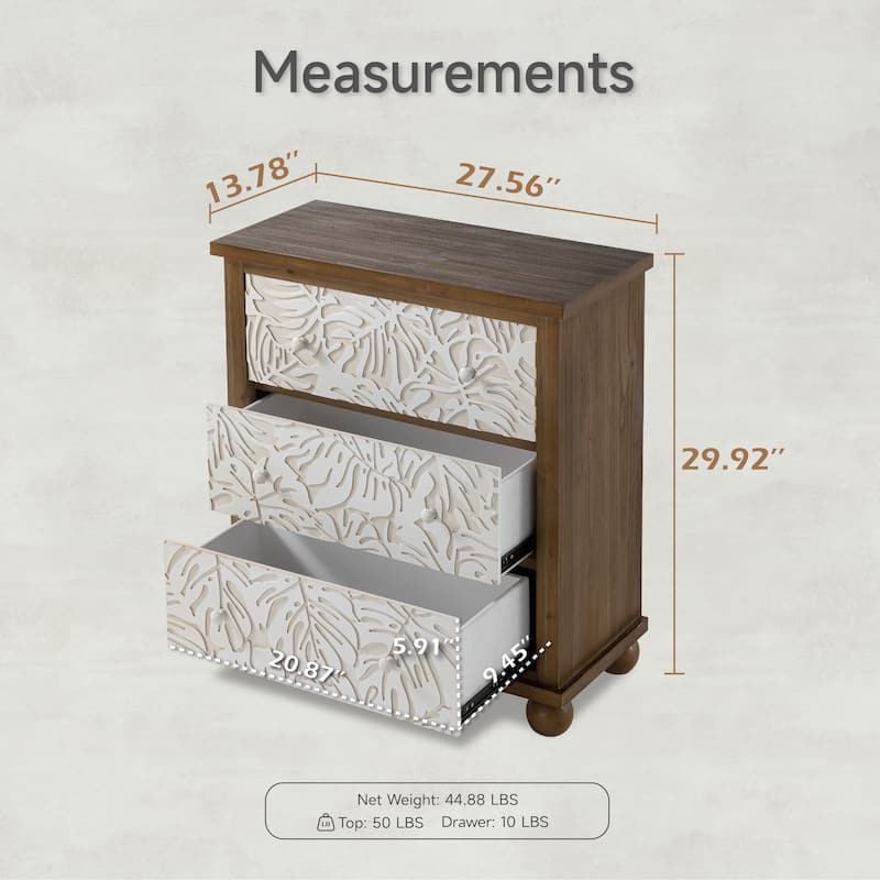COZAYH Rustic Farmhouse 3-Drawer Nightstand with Leaves Pattern Carved, Vintage French Country Dresser Chest Accent Cabinet