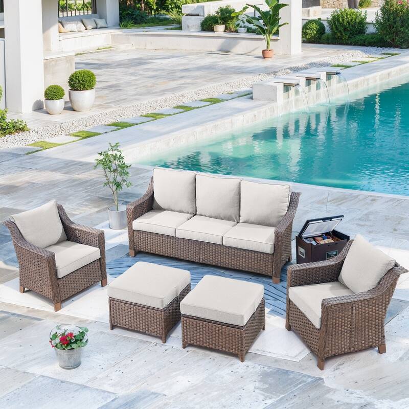 Outdoor Sofa with Chairs, Ottomans - Brown - Beige - Brown